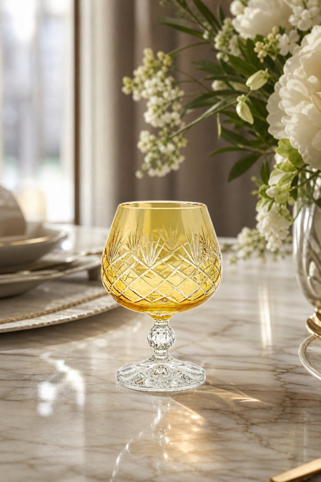 Sarı Bohemia Kristal Ayaklı Kadeh 250 cc - Kahve Yanı Su Bardağı, 1 Adet