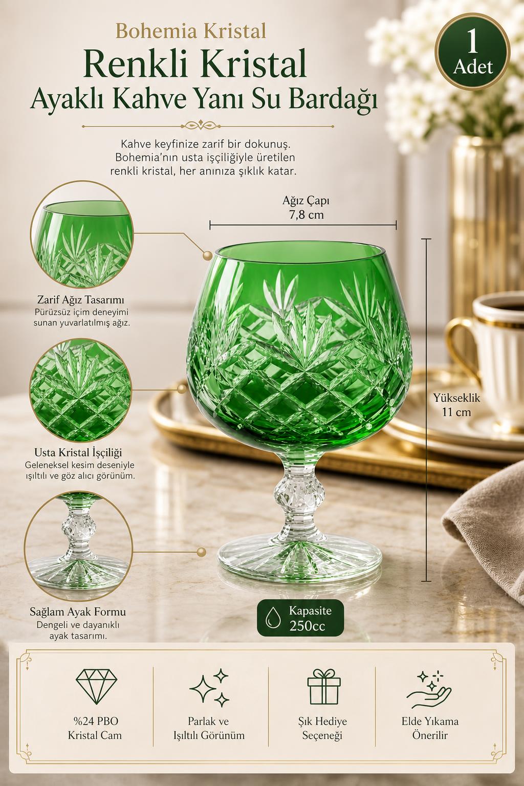 Bohemia Renkli Kristal Ayaklı Kahve Yanı Su Bardağı 250 ml, 1 Adet