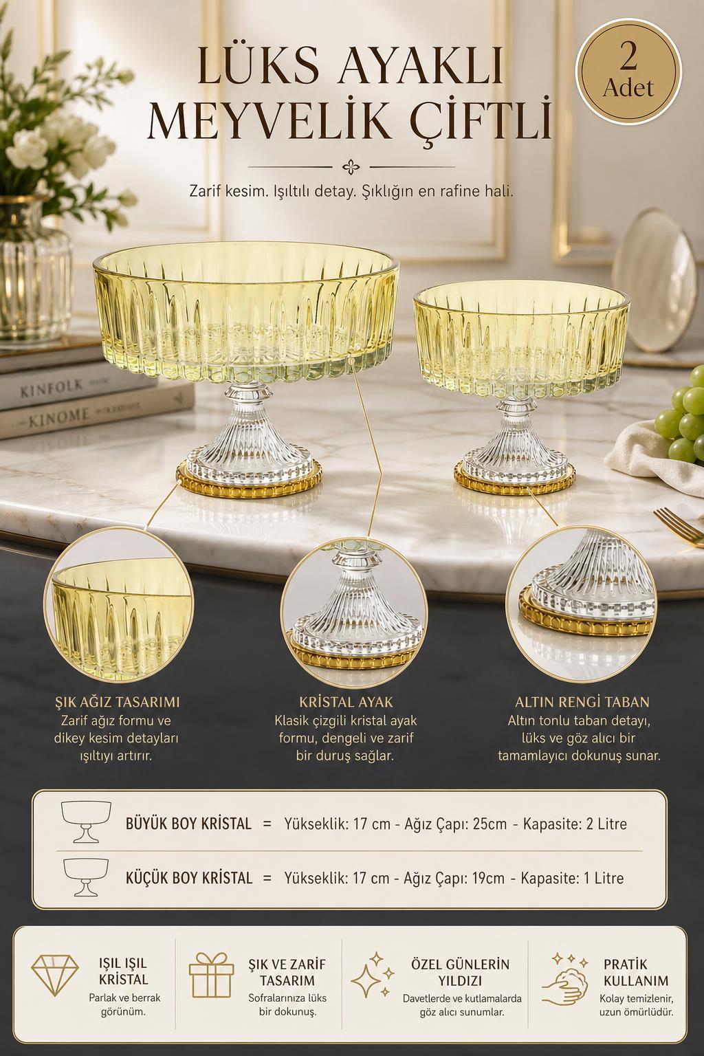 Kristal Ayaklı Meyvelik Seti 2'li 25 cm ve 19 cm - Lüks Sunumluk, 2 Adet
