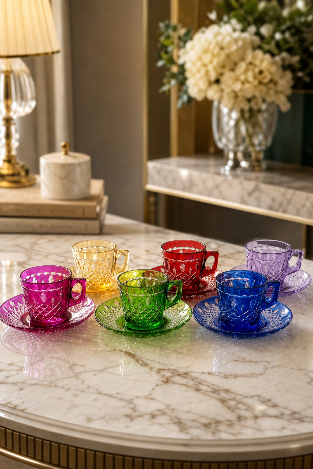 Renkli Kristal Türk Kahvesi Takımı - Royal Desen Lüks, 18 Adet