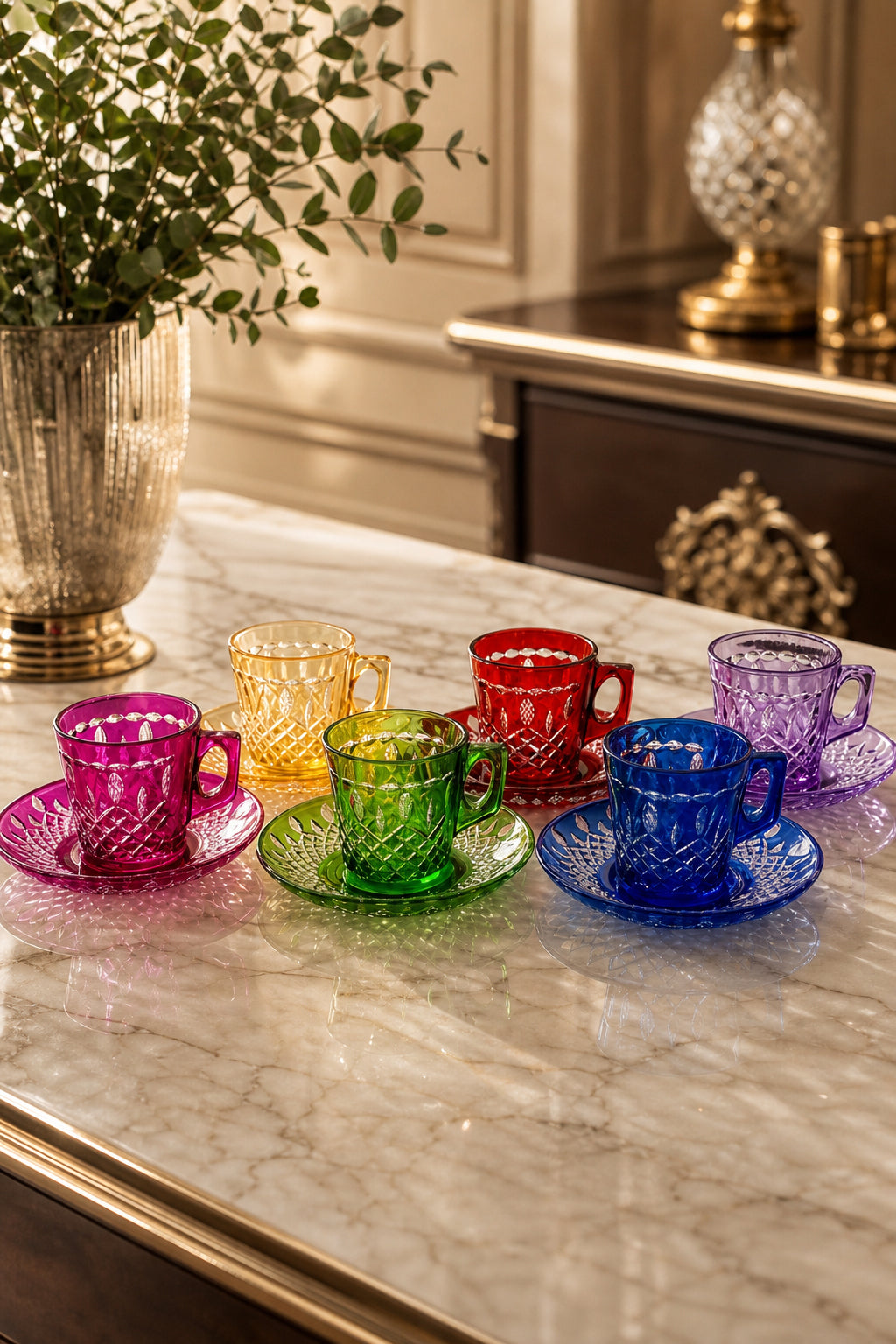 Renkli Kristal Türk Kahvesi Takımı - Royal Desen Lüks, 18 Adet
