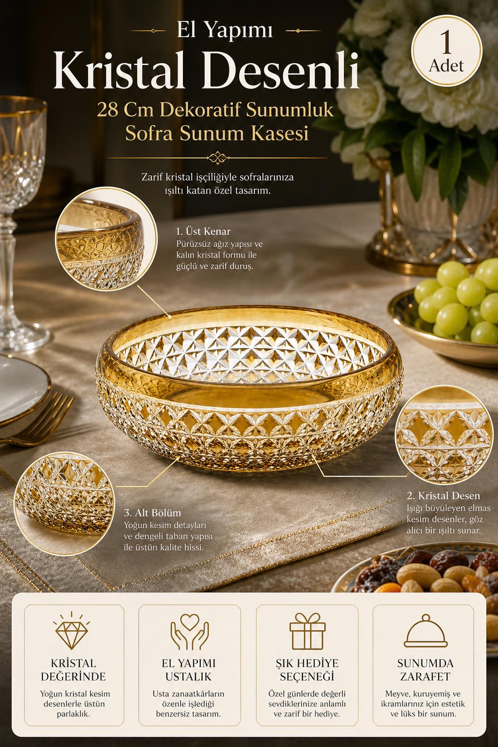 Kristal Sunum Kasesi 28 cm - Desenli Dekoratif Sofra Kasesi, 1 Adet