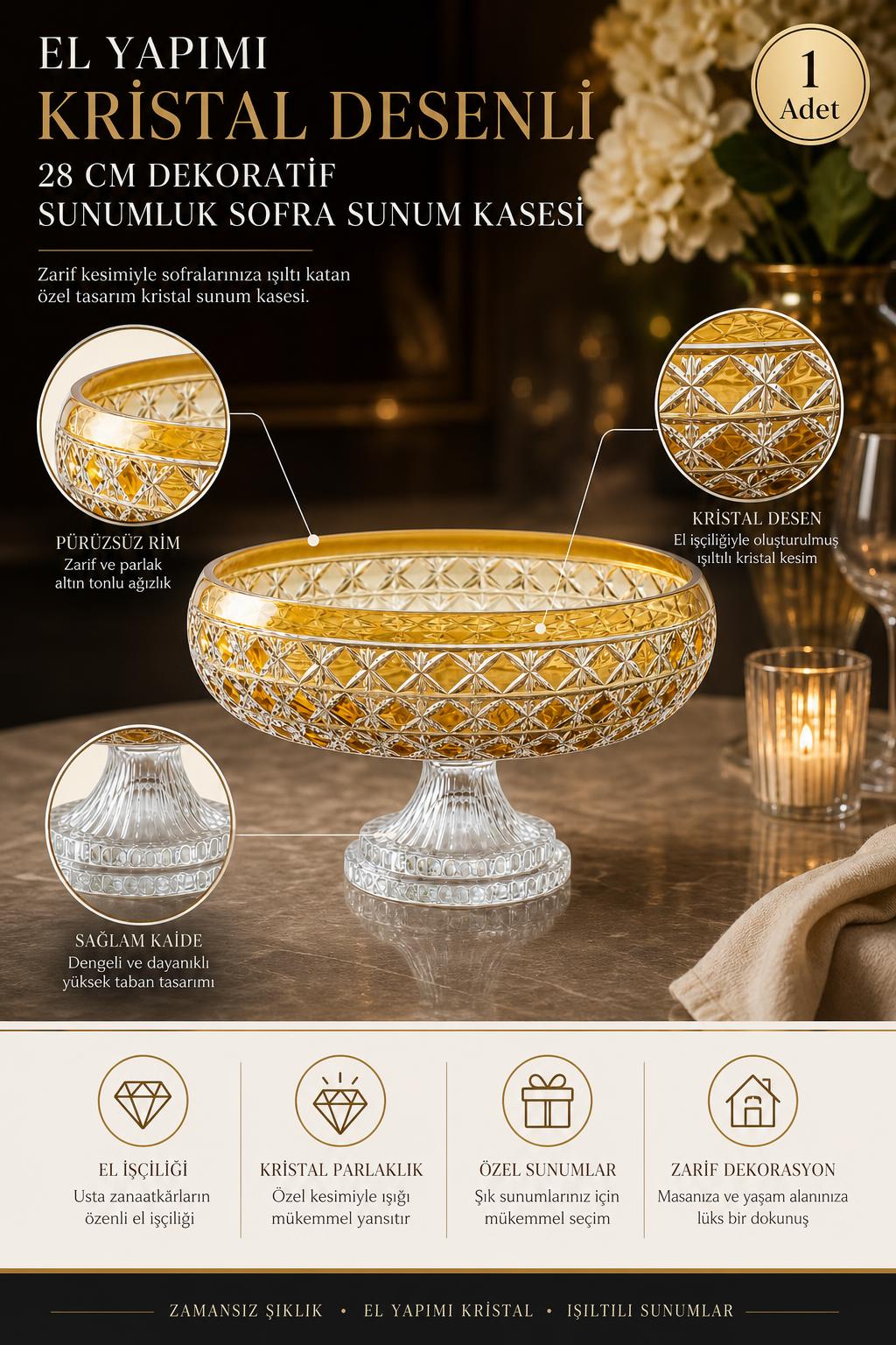Kristal Sunum Kasesi 28 cm - Desenli Dekoratif Sofra Kasesi, 1 Adet