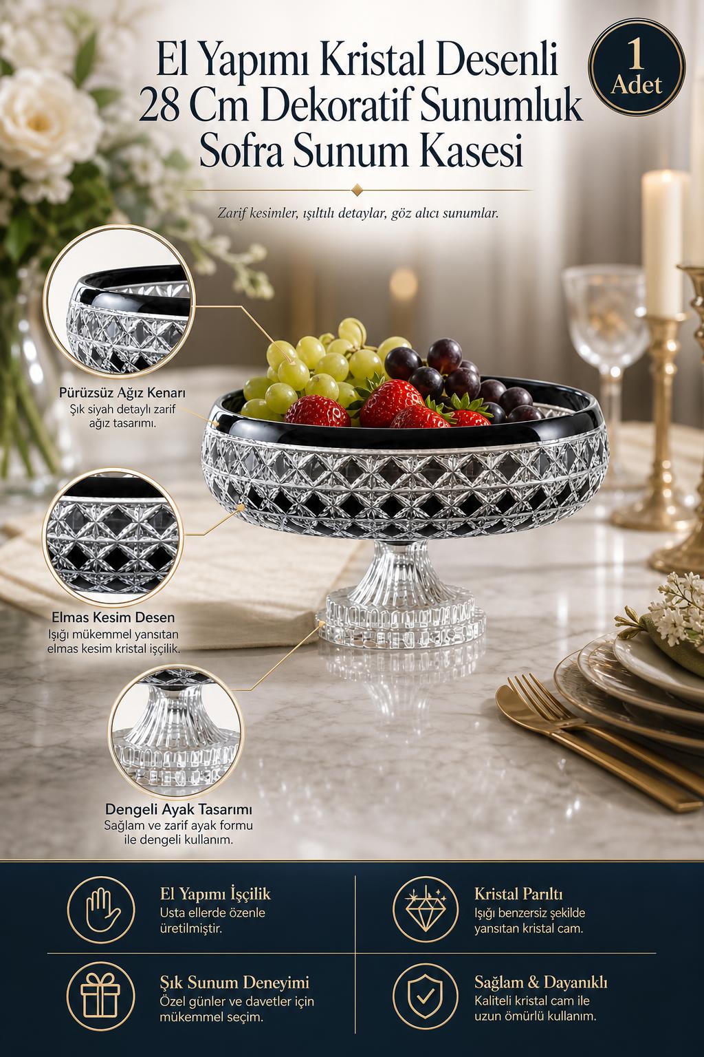 Kristal Sunum Kasesi 28 cm - Desenli Dekoratif Sofra Kasesi, 1 Adet