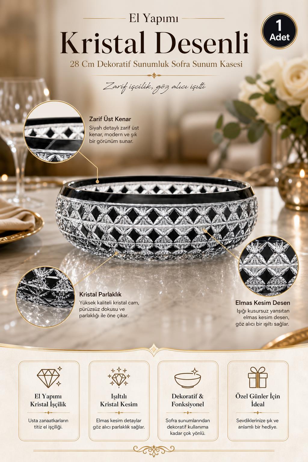 Kristal Sunum Kasesi 28 cm - Desenli Dekoratif Sofra Kasesi, 1 Adet