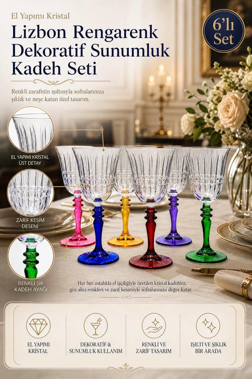 Renkli Kristal Kadeh Seti 6'lı - Lizbon Model Dekoratif Kadeh Takımı, 6 Adet