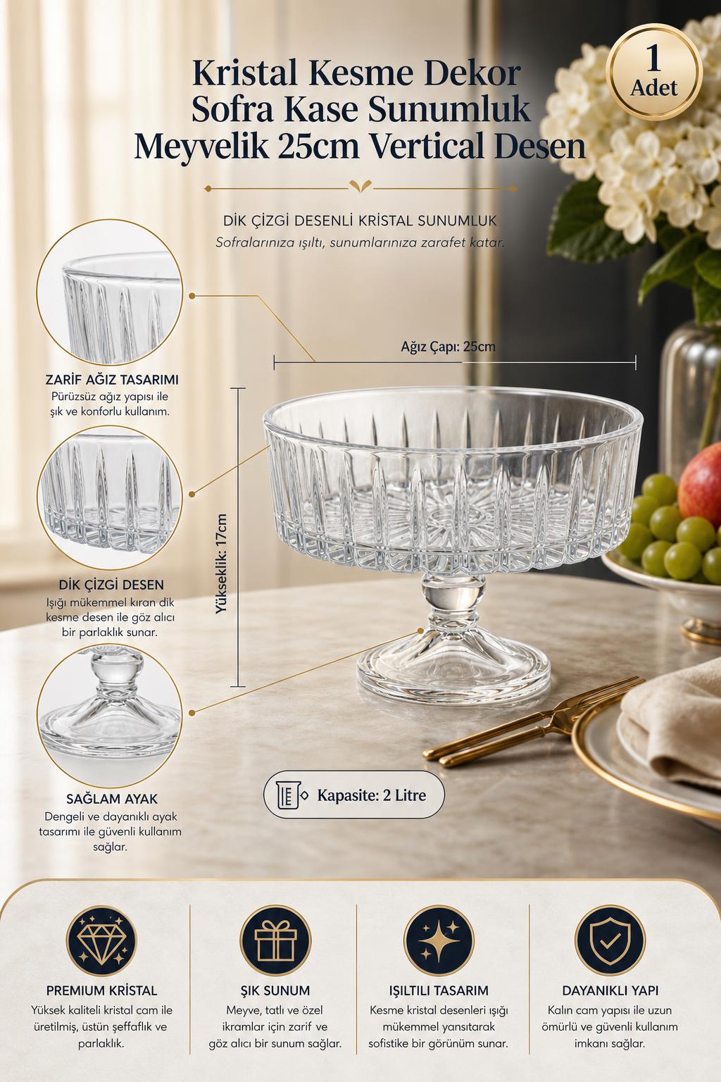 Kesme Kristal Meyvelik 25 cm - Vertical Desen Sofra Sunum Kasesi, 1 Adet