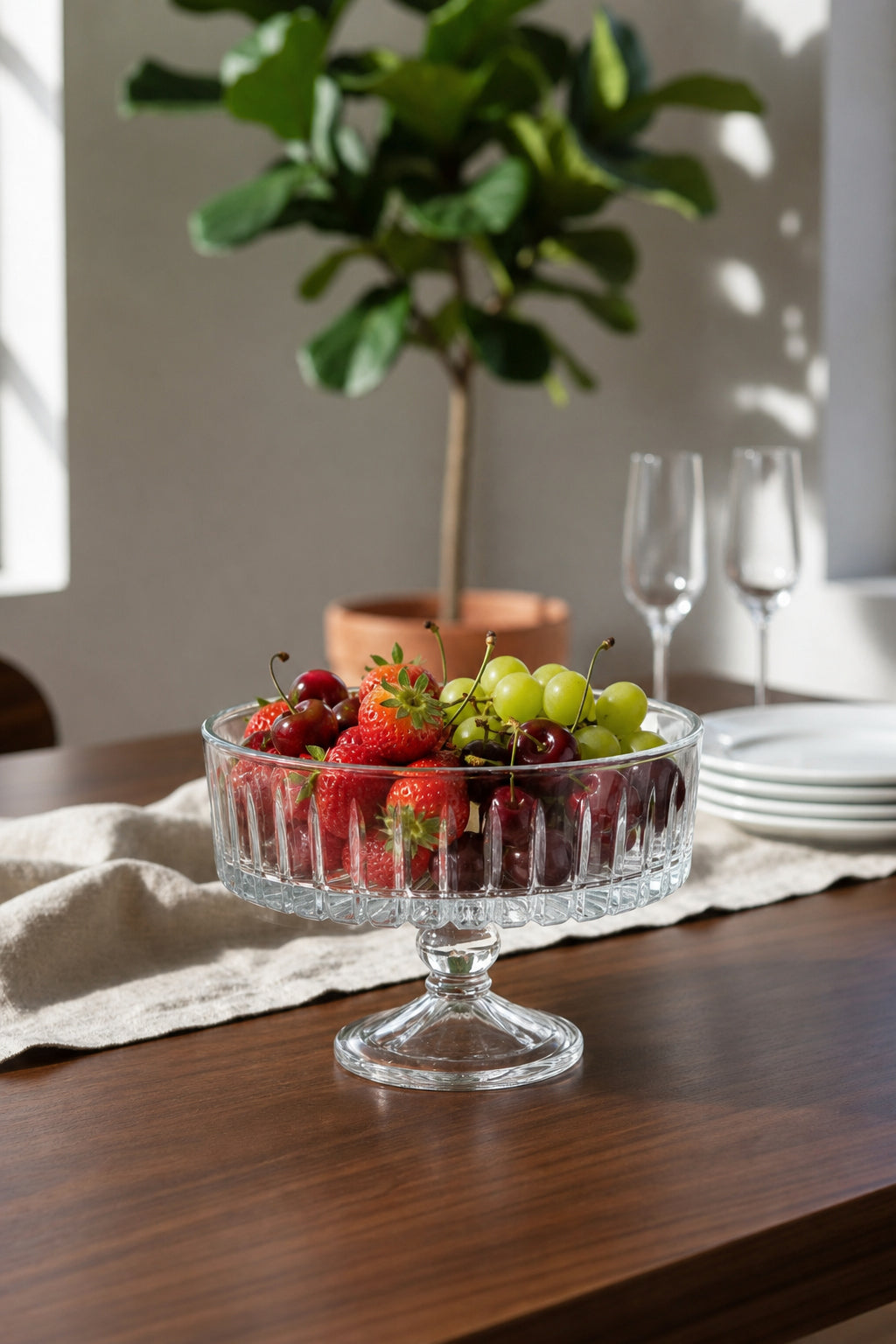 Kesme Kristal Meyvelik 25 cm - Vertical Desen Sofra Sunum Kasesi, 1 Adet