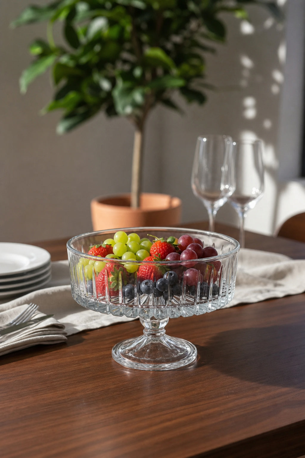 Kesme Kristal Meyvelik 25 cm - Vertical Desen Sofra Sunum Kasesi, 1 Adet