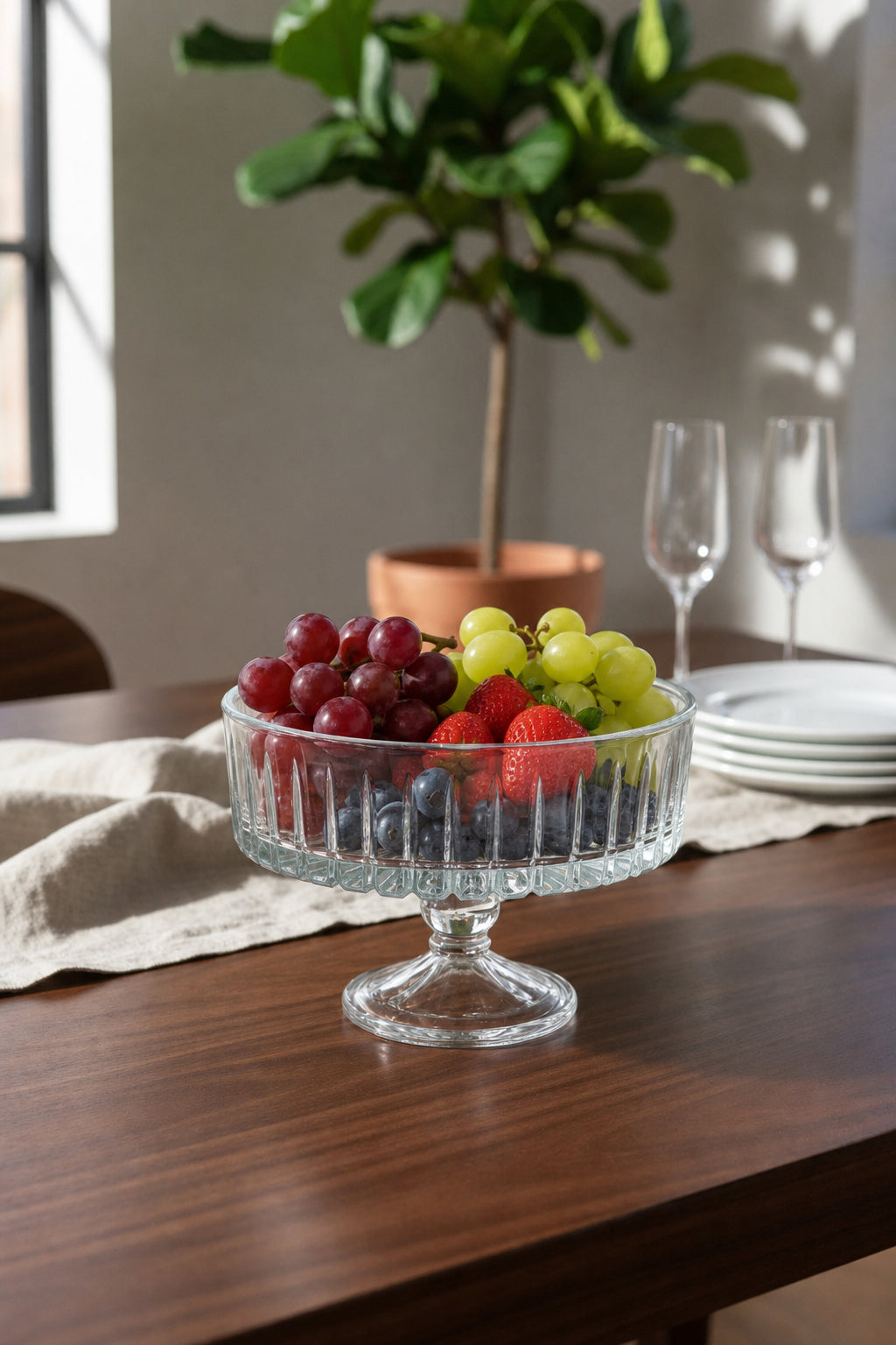 Kesme Kristal Meyvelik 25 cm - Vertical Desen Sofra Sunum Kasesi, 1 Adet