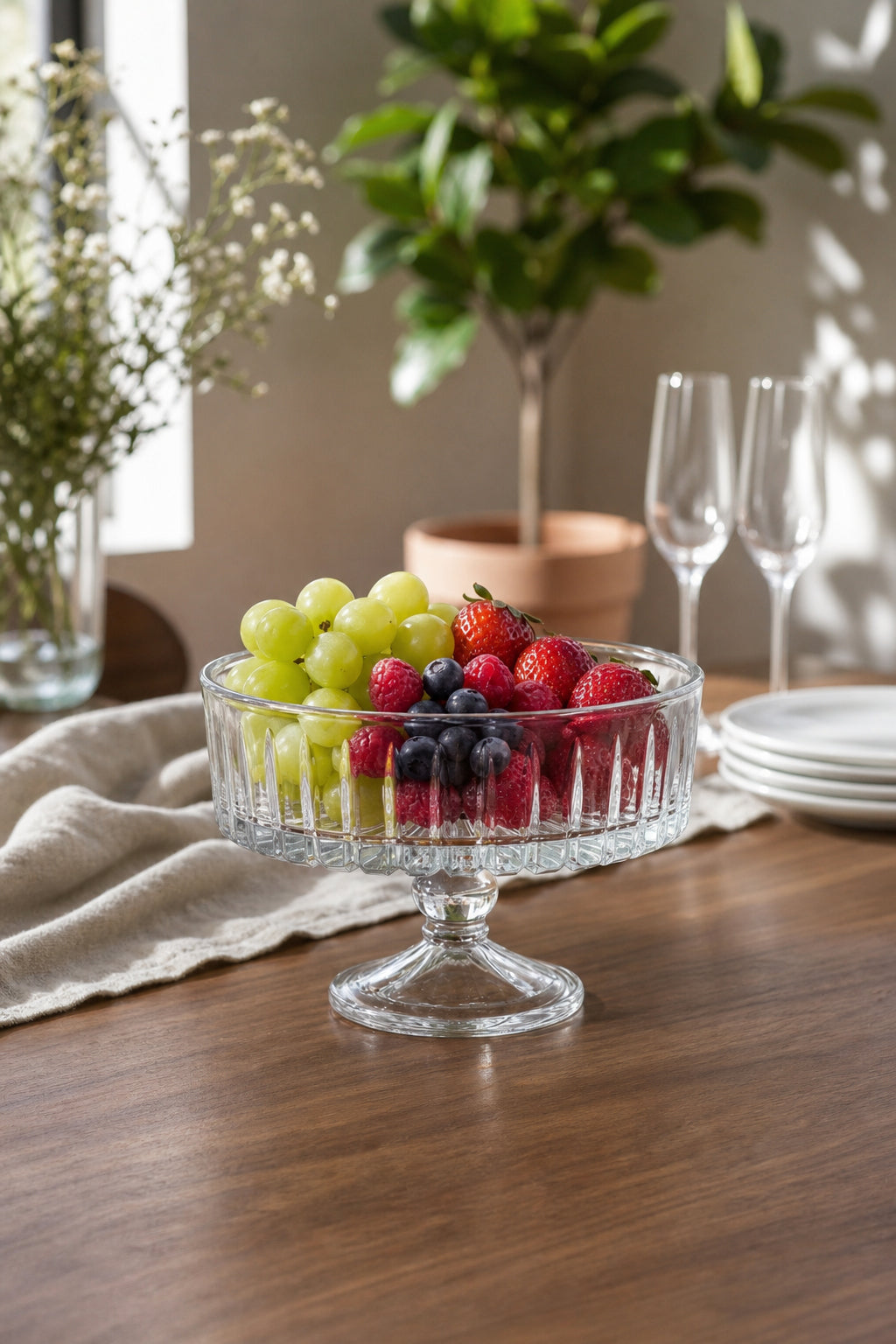 Kesme Kristal Meyvelik 25 cm - Vertical Desen Sofra Sunum Kasesi, 1 Adet