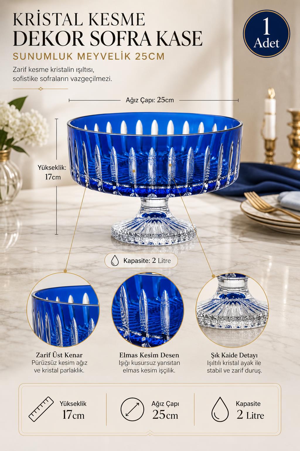 Kesme Kristal Meyvelik 25 cm - Dekoratif Sofra Sunum Kasesi, 1 Adet
