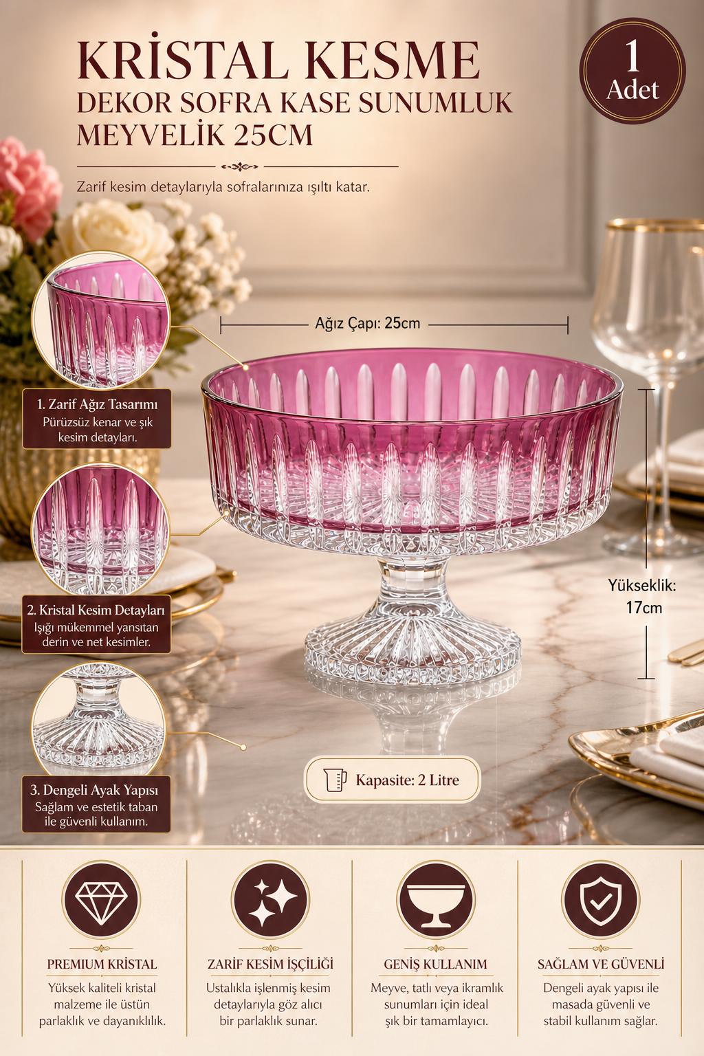 Kesme Kristal Meyvelik 25 cm - Dekoratif Sofra Sunum Kasesi, 1 Adet