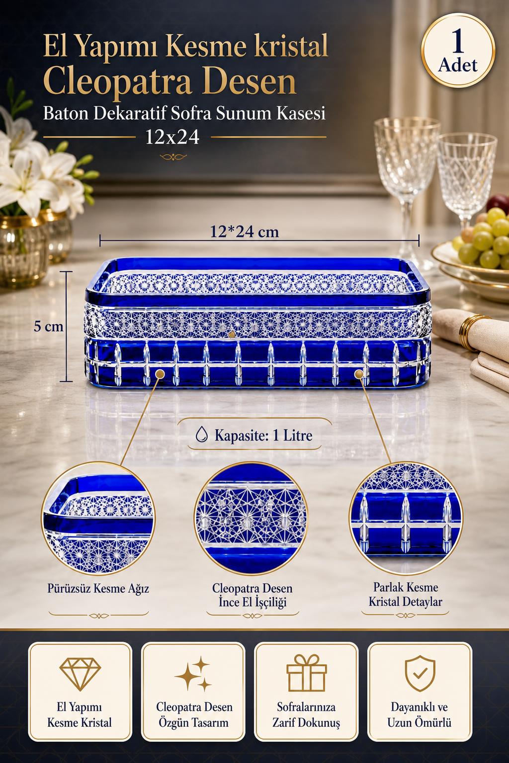 Kesme Kristal Baton Sunum Kasesi 12x24 cm - Cleopatra Desen Dekoratif Sofra Kasesi, 1 Adet