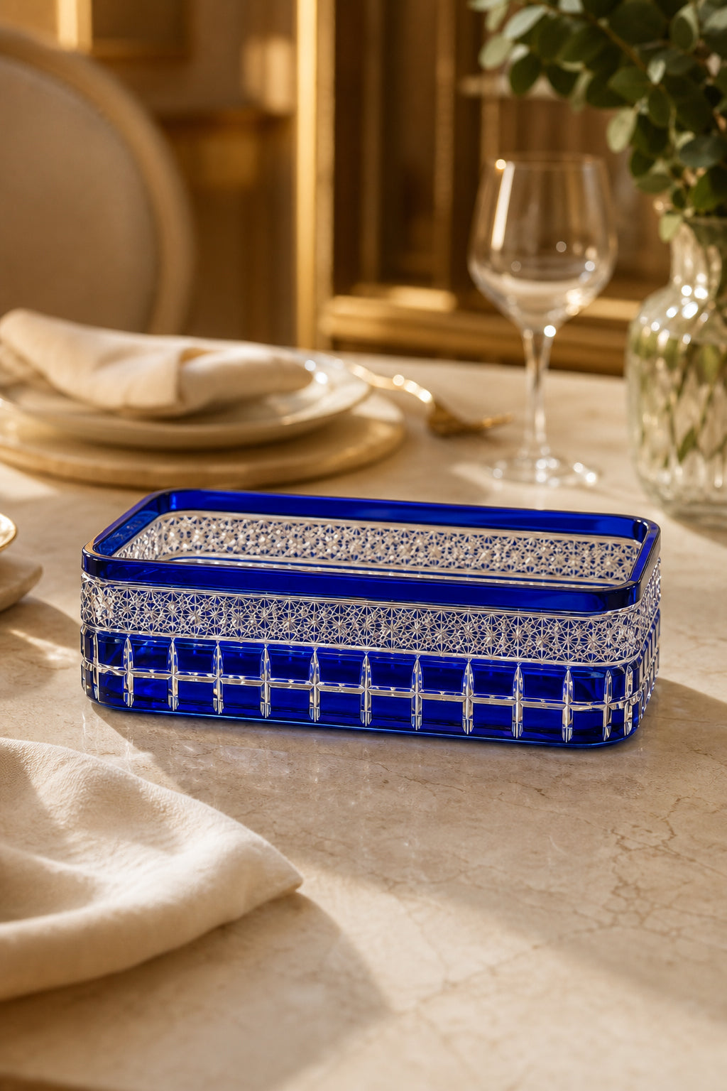 Kesme Kristal Baton Sunum Kasesi 12x24 cm - Cleopatra Desen Dekoratif Sofra Kasesi, 1 Adet