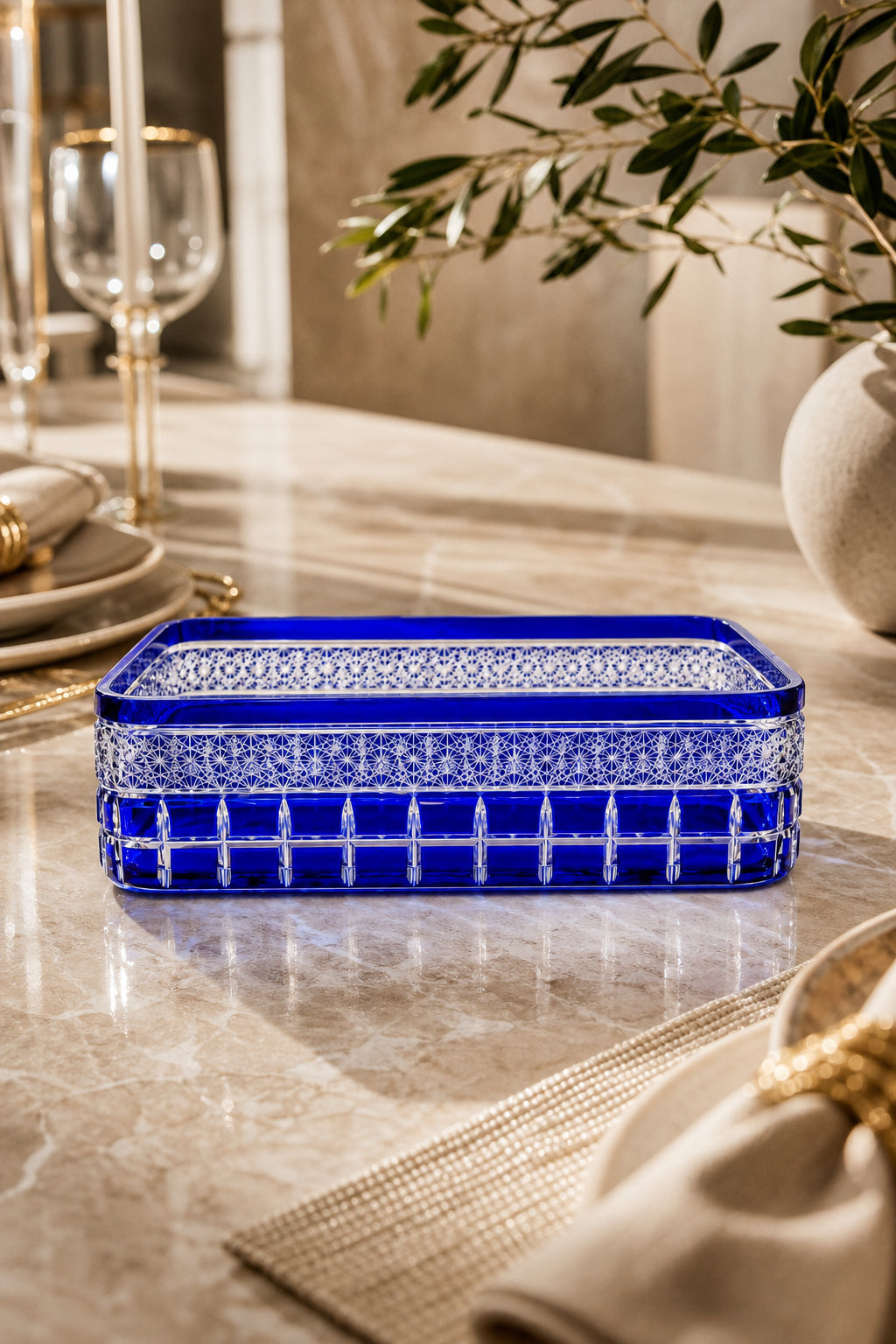 Kesme Kristal Baton Sunum Kasesi 12x24 cm - Cleopatra Desen Dekoratif Sofra Kasesi, 1 Adet