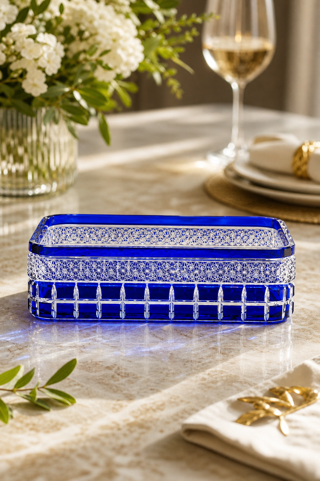 Kesme Kristal Baton Sunum Kasesi 12x24 cm - Cleopatra Desen Dekoratif Sofra Kasesi, 1 Adet