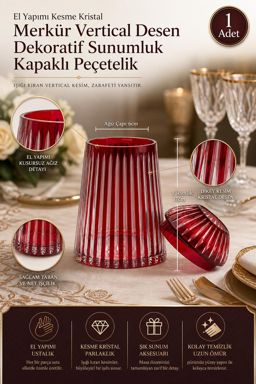 Kesme Kristal Kapaklı Peçetelik - Merkür Vertical Desen Dekoratif Sunumluk, 1 Adet