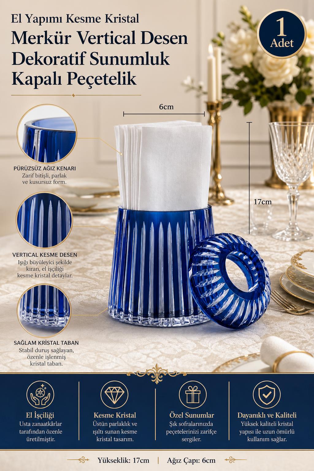 Kesme Kristal Kapaklı Peçetelik - Merkür Vertical Desen Dekoratif Sunumluk, 1 Adet