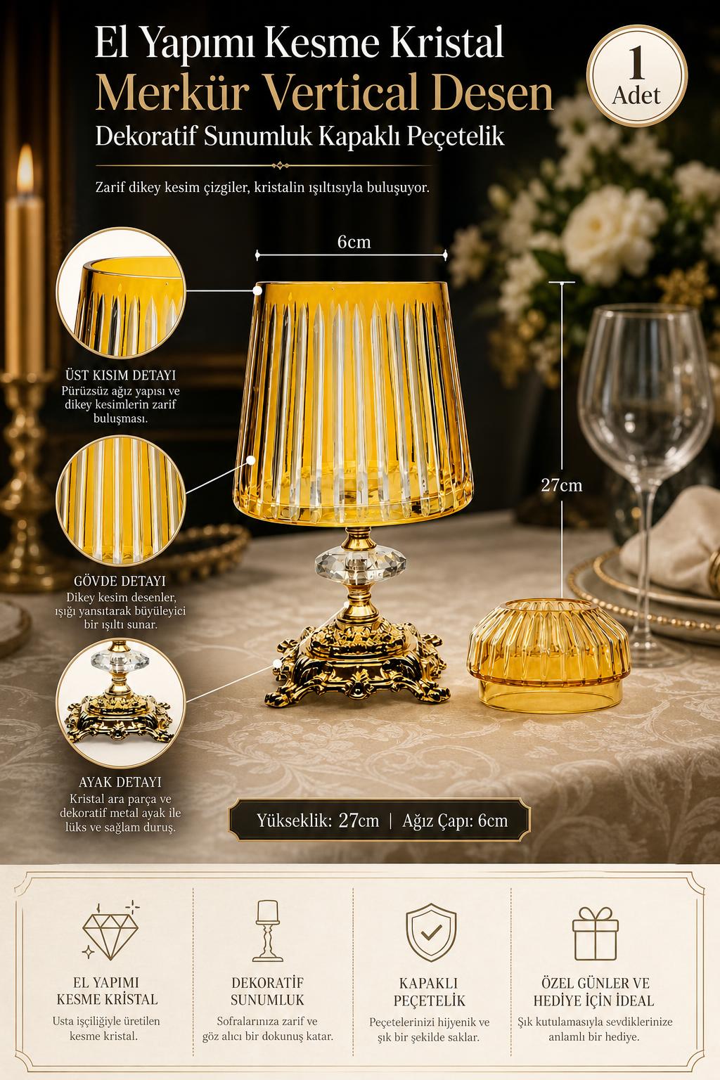 Kesme Kristal Kapaklı Peçetelik - Merkür Vertical Desen Dekoratif Sunumluk, 1 Adet