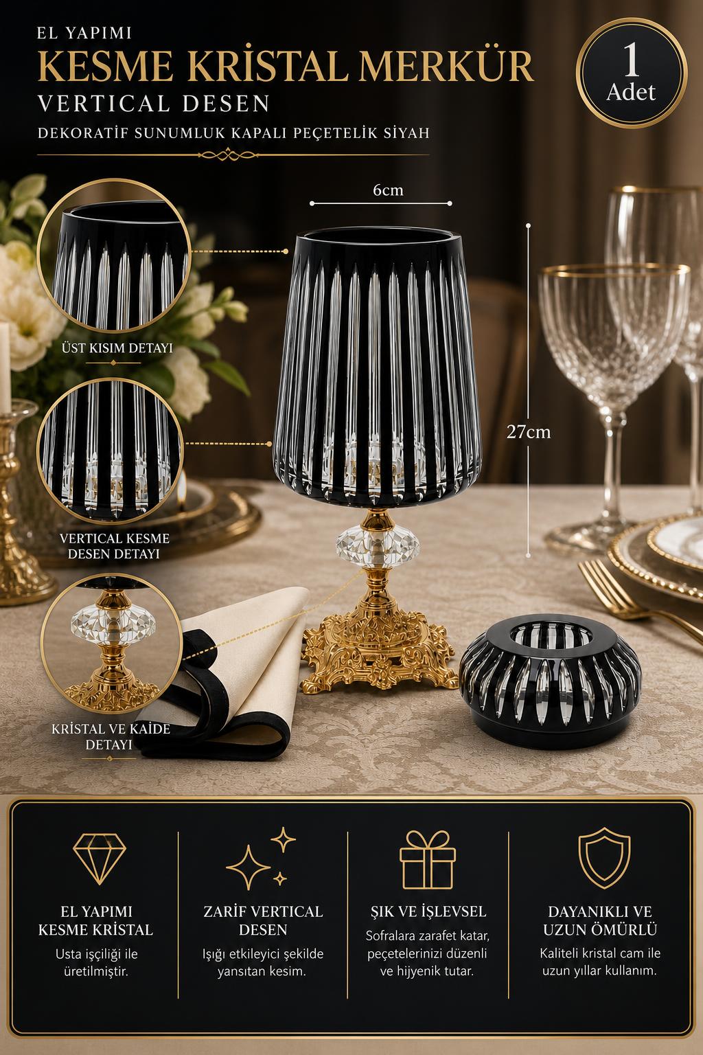 Siyah Kesme Kristal Kapaklı Peçetelik - Merkür Vertical Desen, 1 Adet