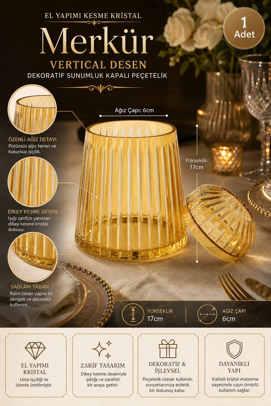 Kesme Kristal Kapaklı Peçetelik - Merkür Vertical Desen Dekoratif Sunumluk, 1 Adet