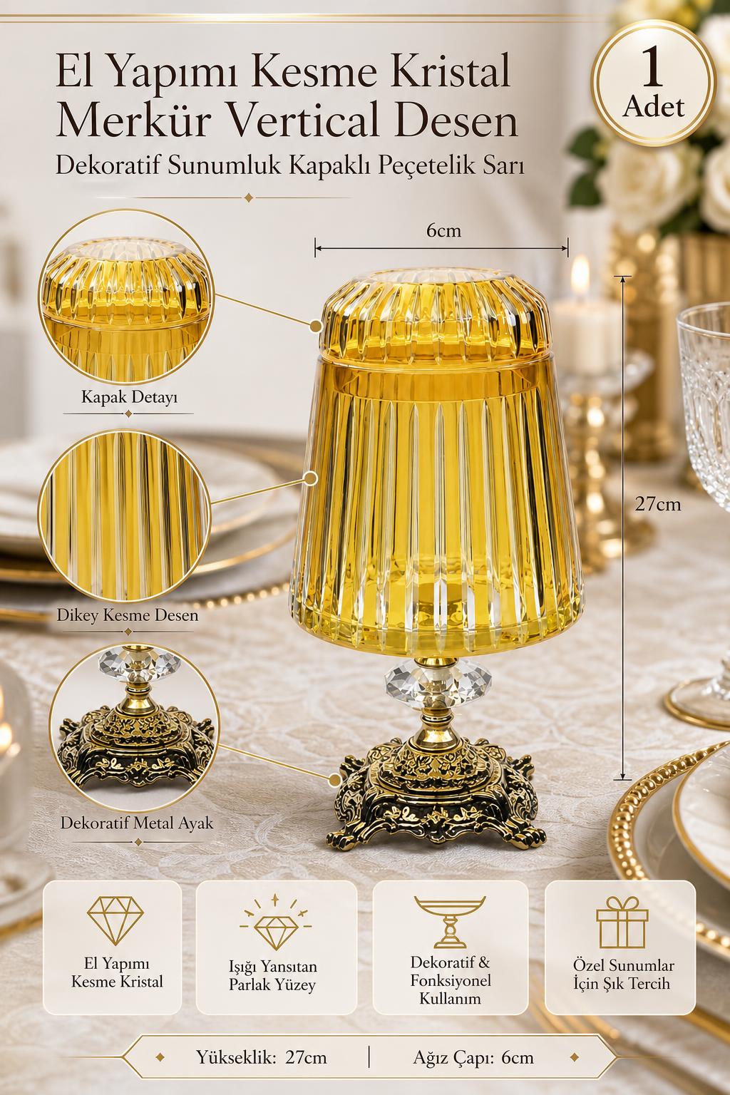 Sarı Kesme Kristal Kapaklı Peçetelik - Merkür Vertical Desen, 1 Adet