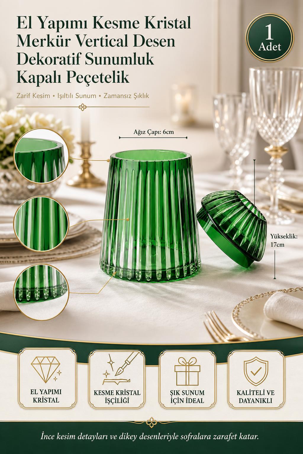 Kesme Kristal Kapaklı Peçetelik - Merkür Vertical Desen Dekoratif Sunumluk, 1 Adet