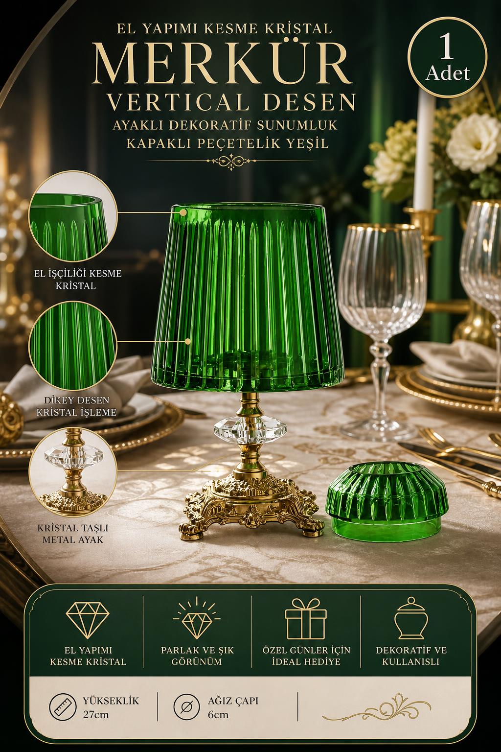 Yeşil Kesme Kristal Ayaklı Kapaklı Peçetelik - Merkür Vertical Desen, 1 Adet