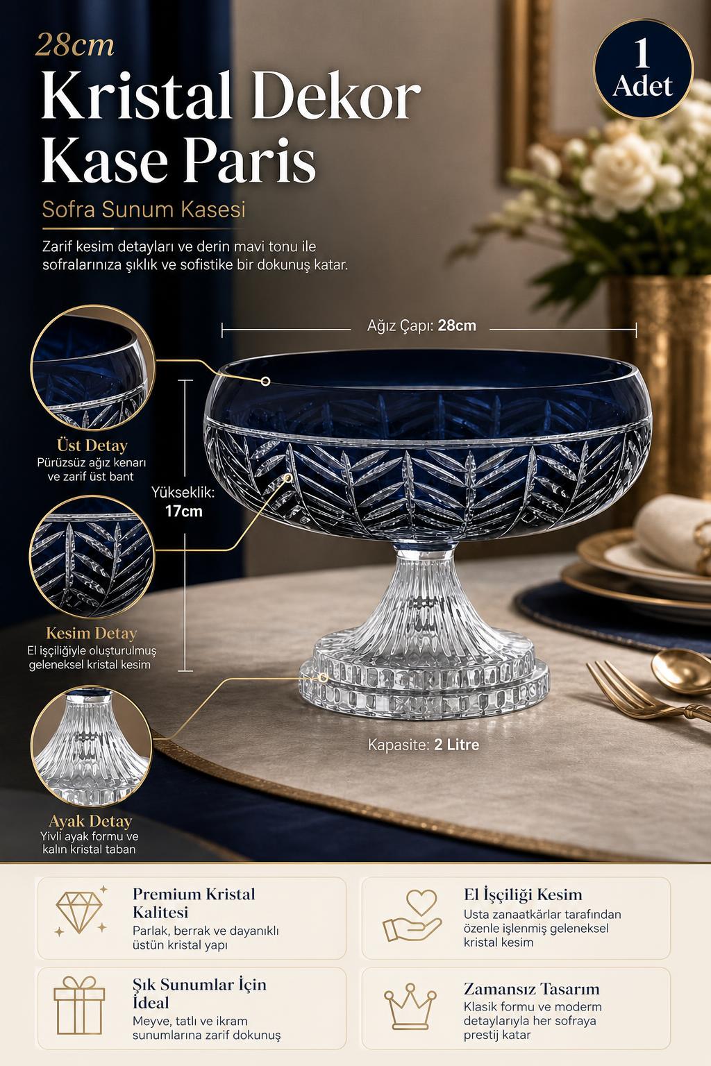 Kristal Sofra Sunum Kasesi 28 cm - Paris Desen Dekoratif Kase, 1 Adet