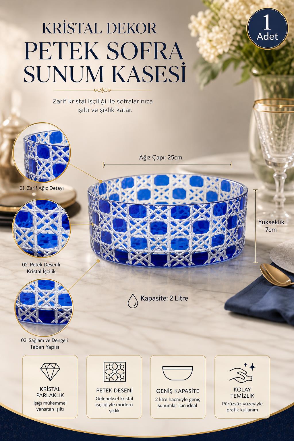 Kristal Sofra Sunum Kasesi - Petek Desen Dekoratif, 1 Adet