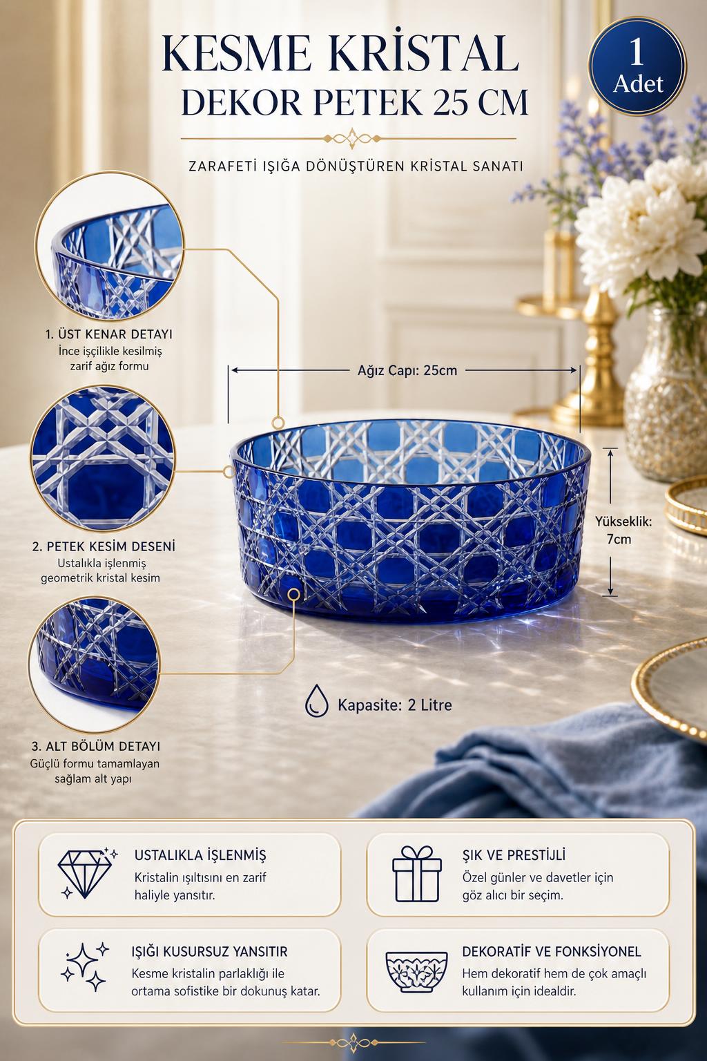 Kesme Kristal Kase 25 cm - Petek Desen Dekoratif, 1 Adet