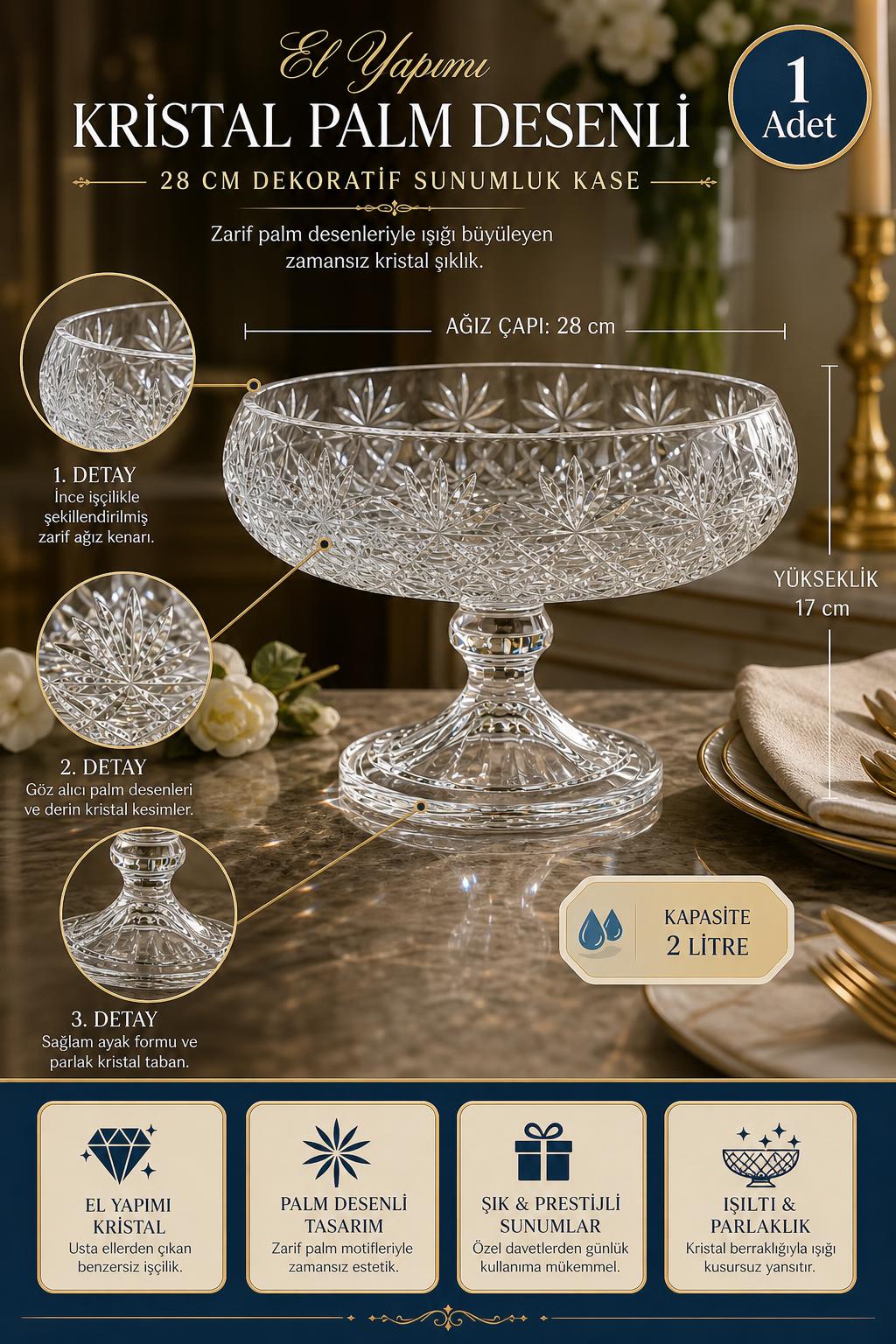Kristal Sunumluk Kase 28 cm - Palm Desenli Dekoratif Kase, 1 Adet