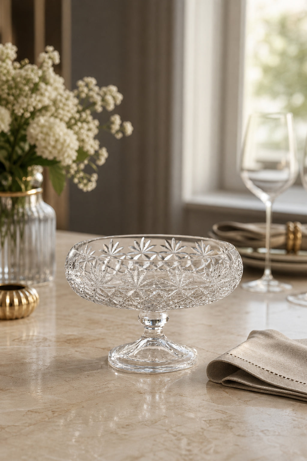 Kristal Sunumluk Kase 28 cm - Palm Desenli Dekoratif Kase, 1 Adet