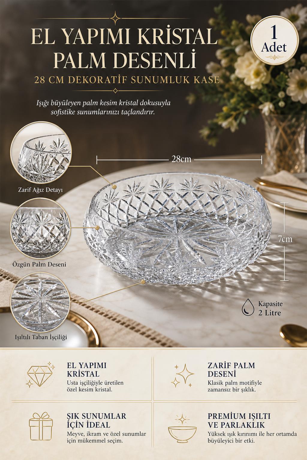 Kristal Sunumluk Kase 28 cm - Palm Desenli Dekoratif Kase, 1 Adet
