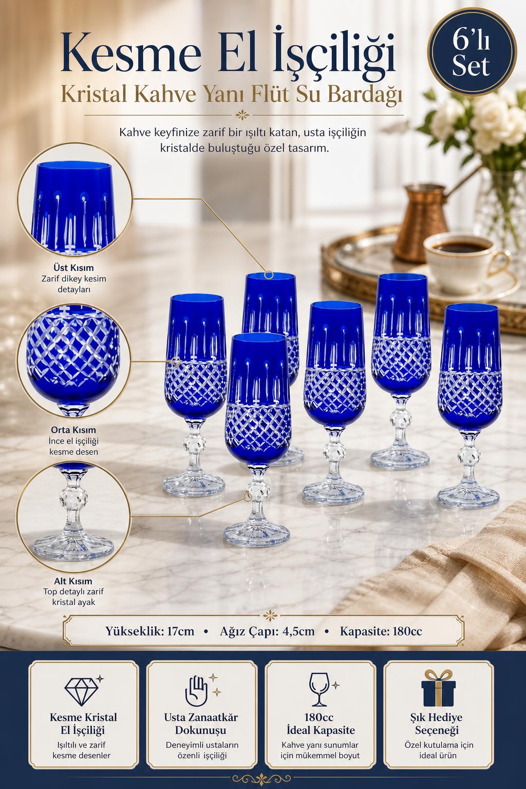 Kesme Kristal Kahve Yanı Su Bardağı - Flüt Model, 6 Adet