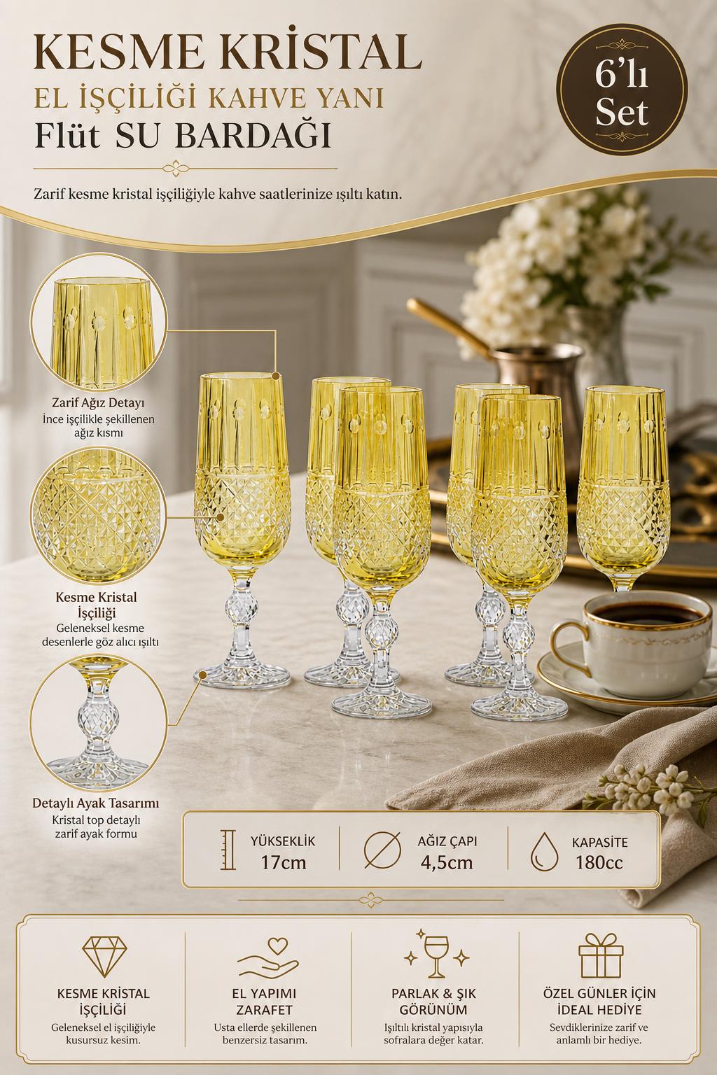 Kesme Kristal Kahve Yanı Su Bardağı - Flüt Model, 6 Adet