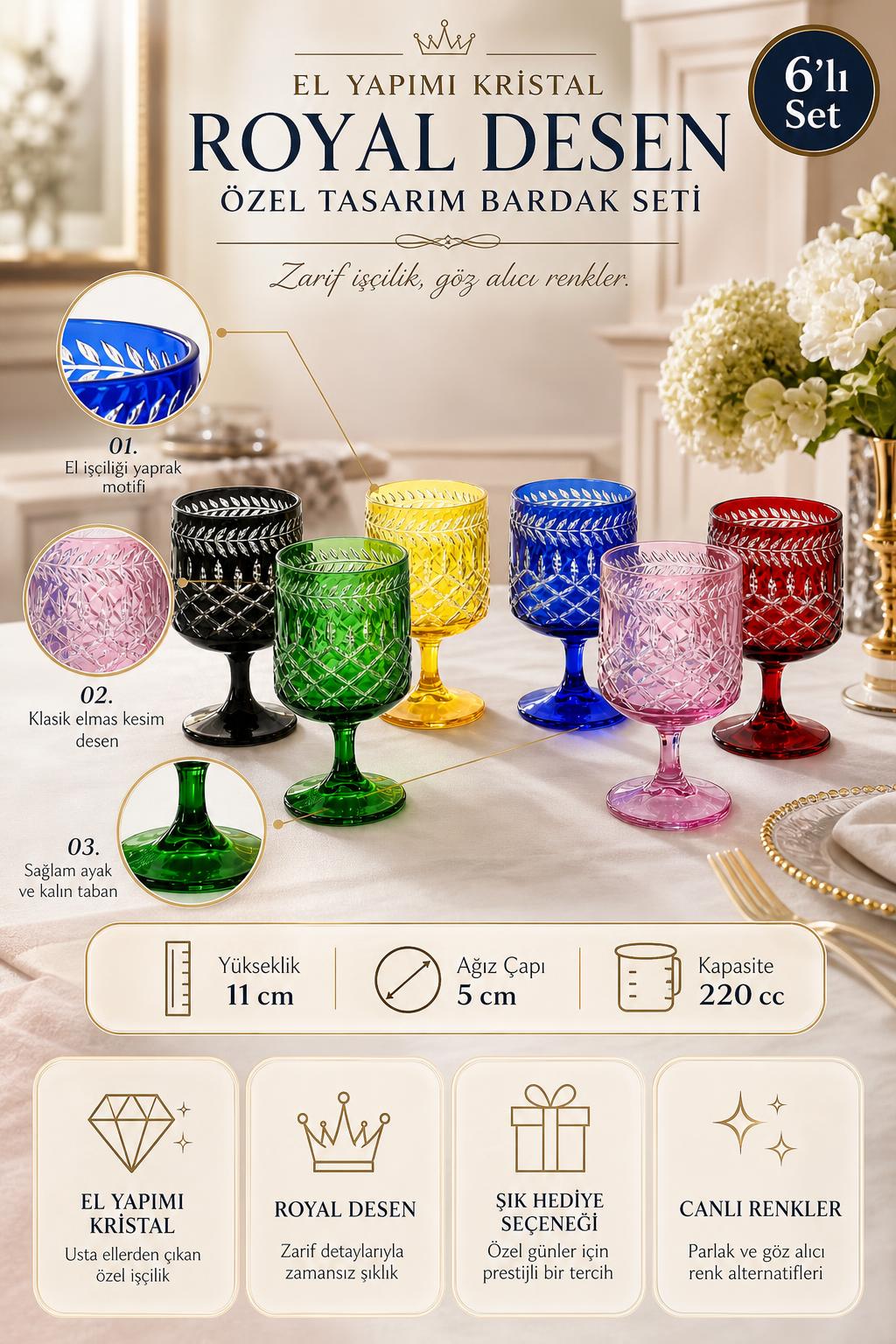 Kristal Bardak Seti 6'lı - Royal Desen Bardak Takımı, 6 Adet