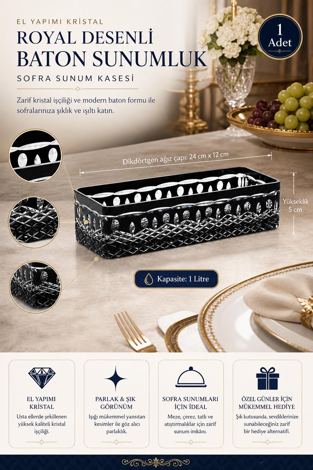 Kristal Baton Sunum Kasesi - Royal Desenli Dekoratif Sofra Kasesi, 1 Adet