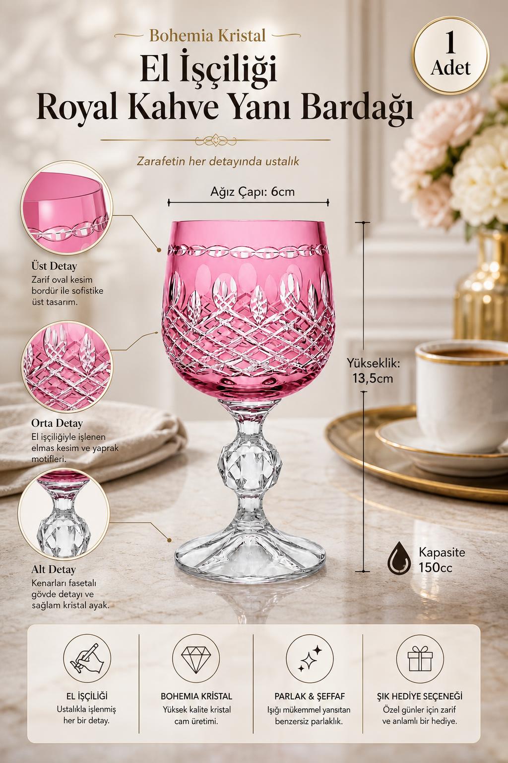 Bohemia Kristal Kahve Yanı Su Bardağı 150 cc - Royal Model, 1 Adet