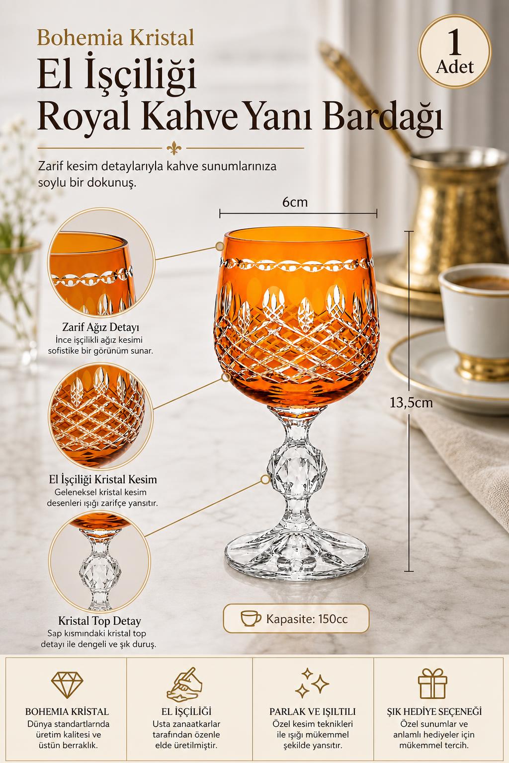 Bohemia Kristal Kahve Yanı Su Bardağı 150 cc - Royal Model, 1 Adet