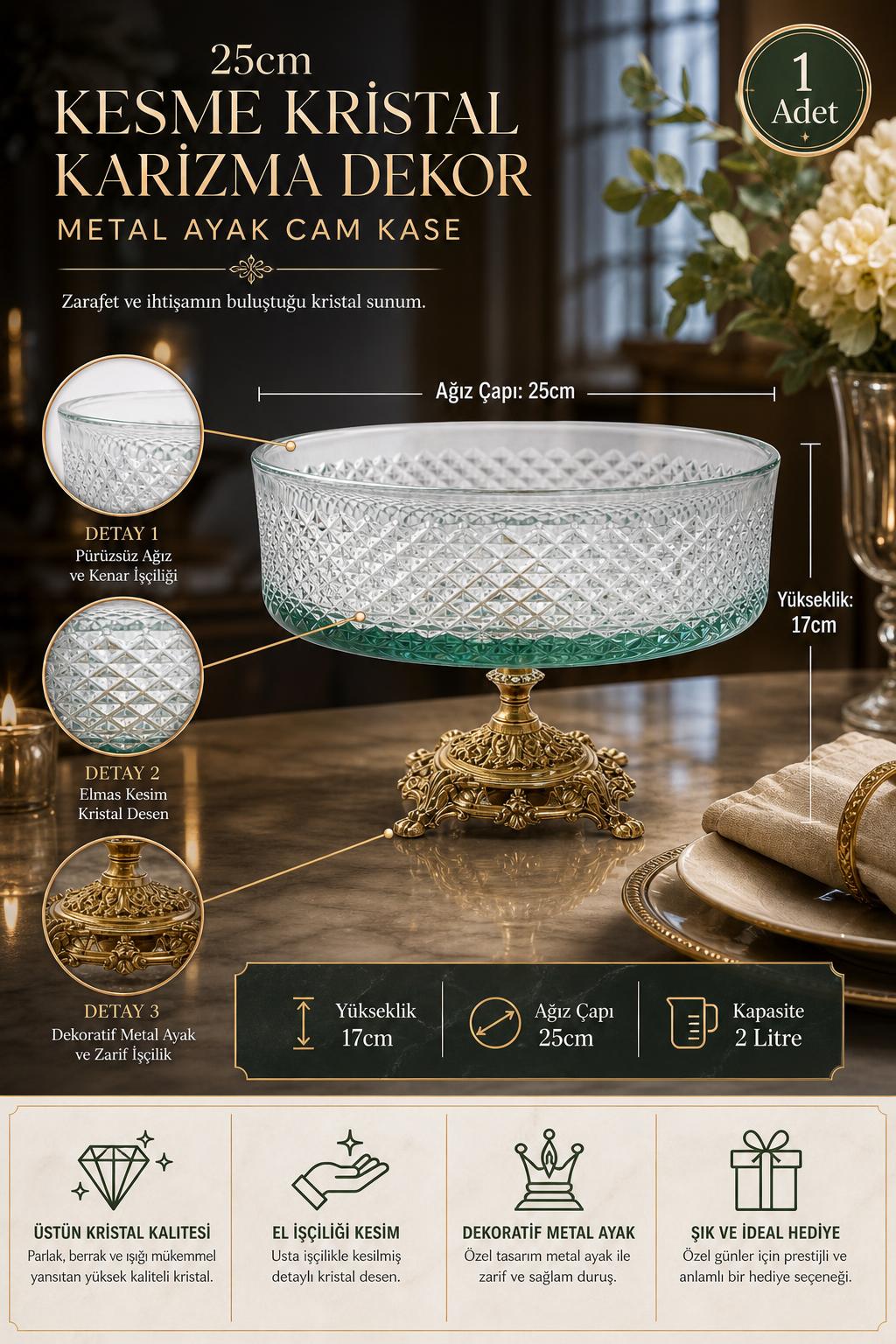 Kesme Kristal Metal Ayaklı Kase 25 cm - Karizma Desen, 1 Adet