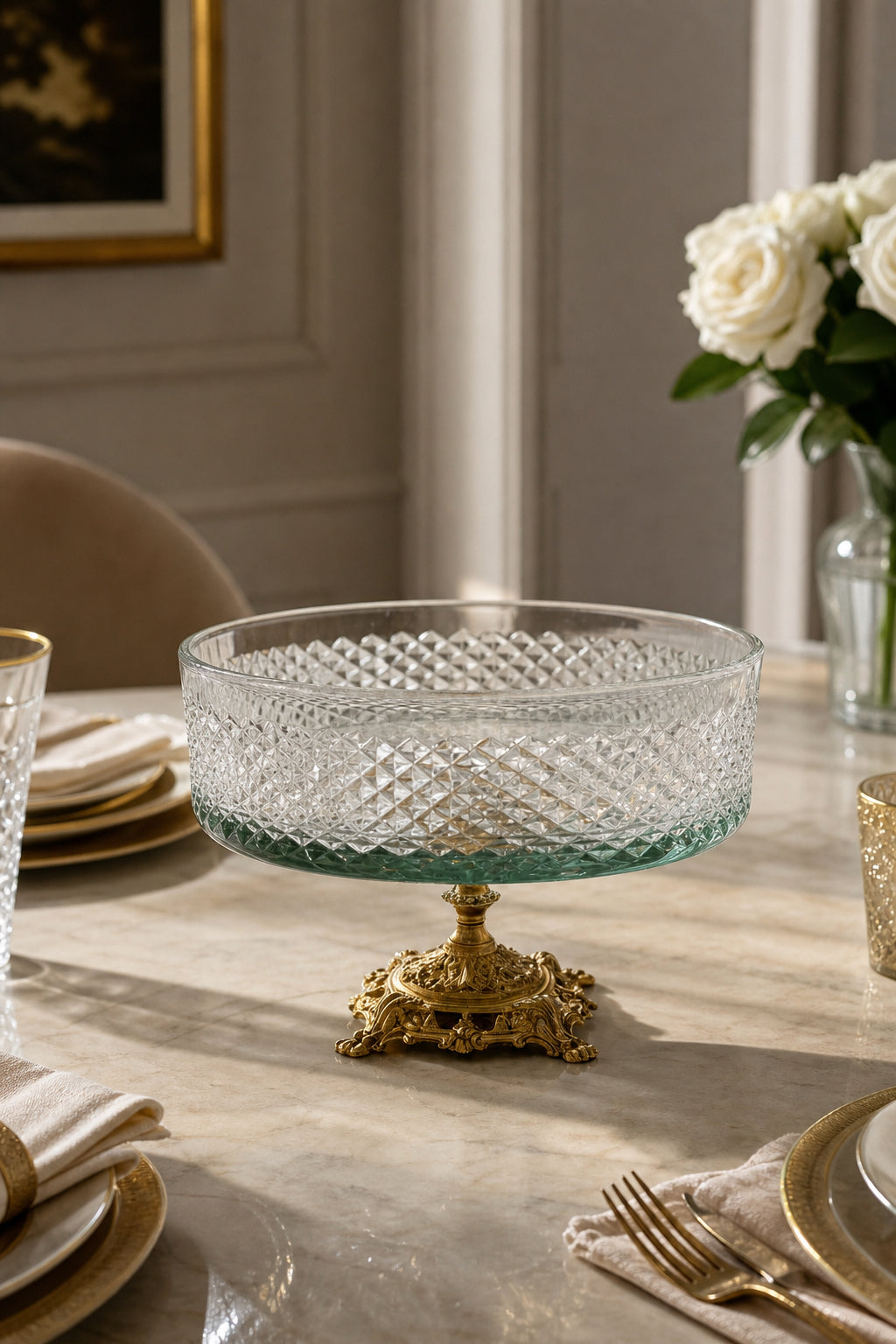 Kesme Kristal Metal Ayaklı Kase 25 cm - Karizma Desen, 1 Adet