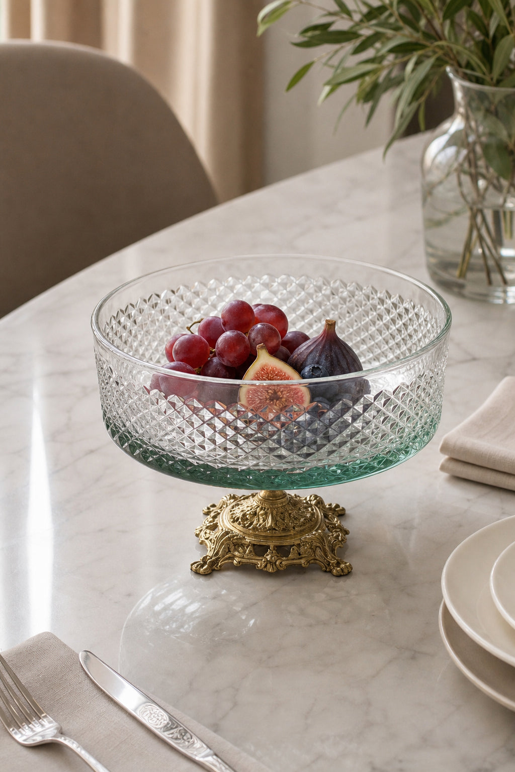 Kesme Kristal Metal Ayaklı Kase 25 cm - Karizma Desen, 1 Adet