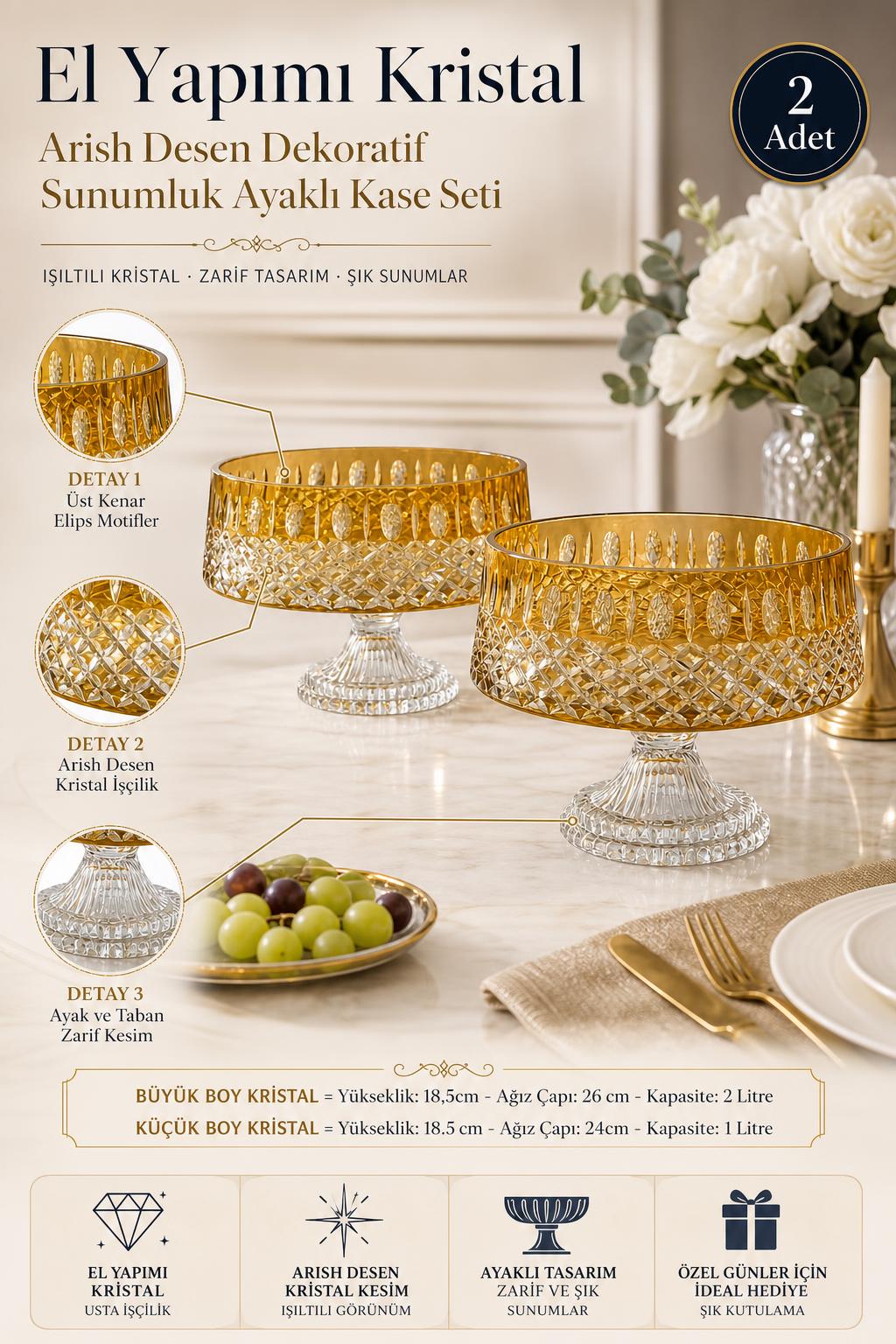 Kristal Ayaklı Sunumluk Kase Seti 2'li - Arish Desen Dekoratif, 2 Adet