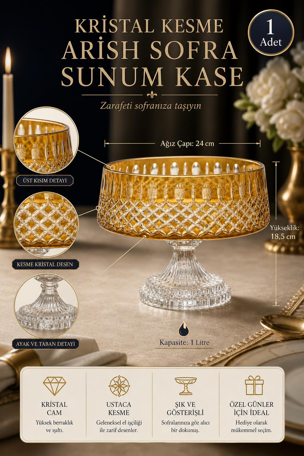 Kesme Kristal Sofra Sunum Kasesi - Arish Desen, 1 Adet