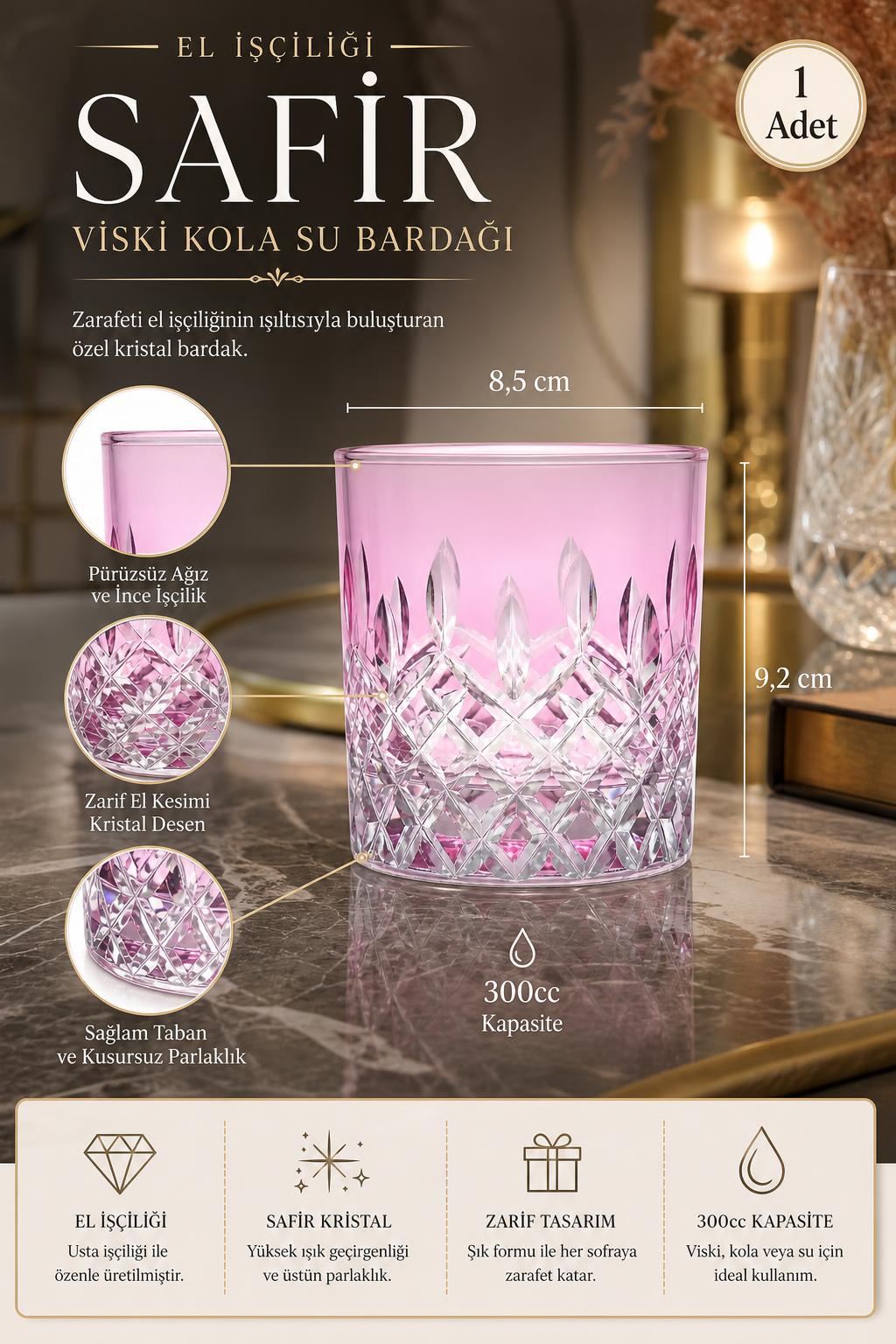 Kristal Viski Bardağı 300 cc - Safir Model Su ve Kola Bardağı, 1 Adet