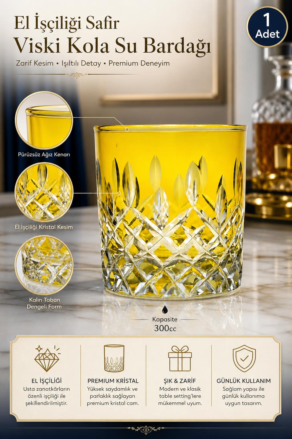 Kristal Viski Bardağı 300 cc - Safir Model Su ve Kola Bardağı, 1 Adet
