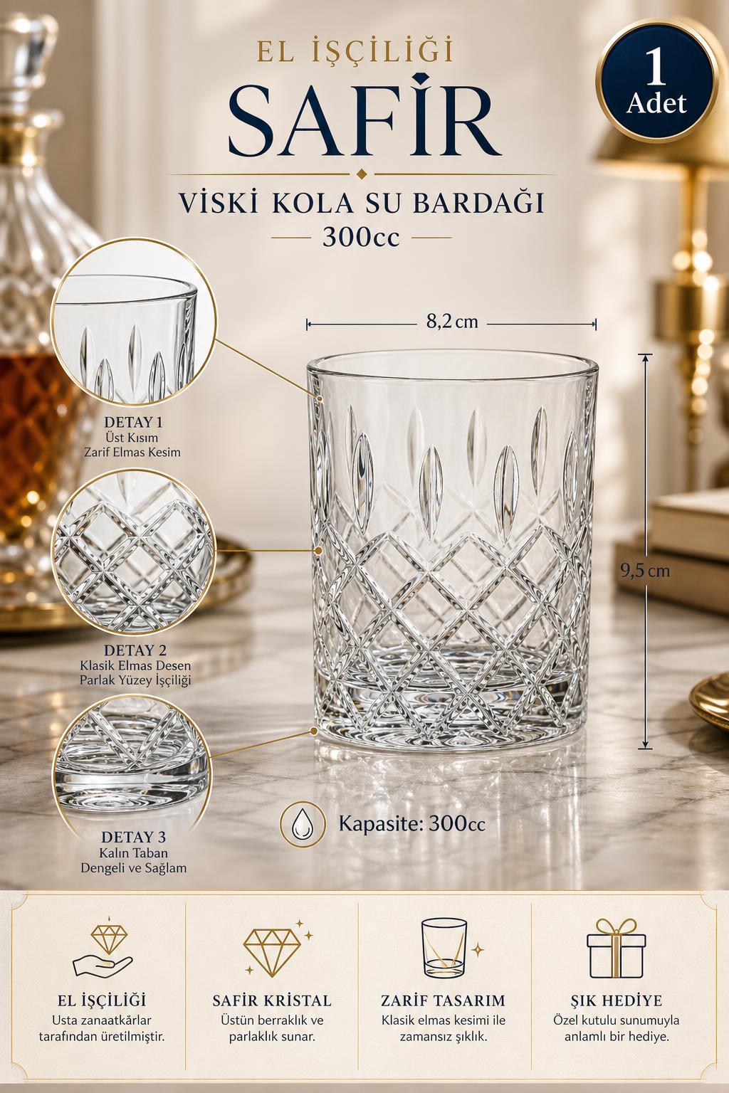 Kristal Viski Bardağı 300 cc - Safir Model Su ve Kola Bardağı, 1 Adet