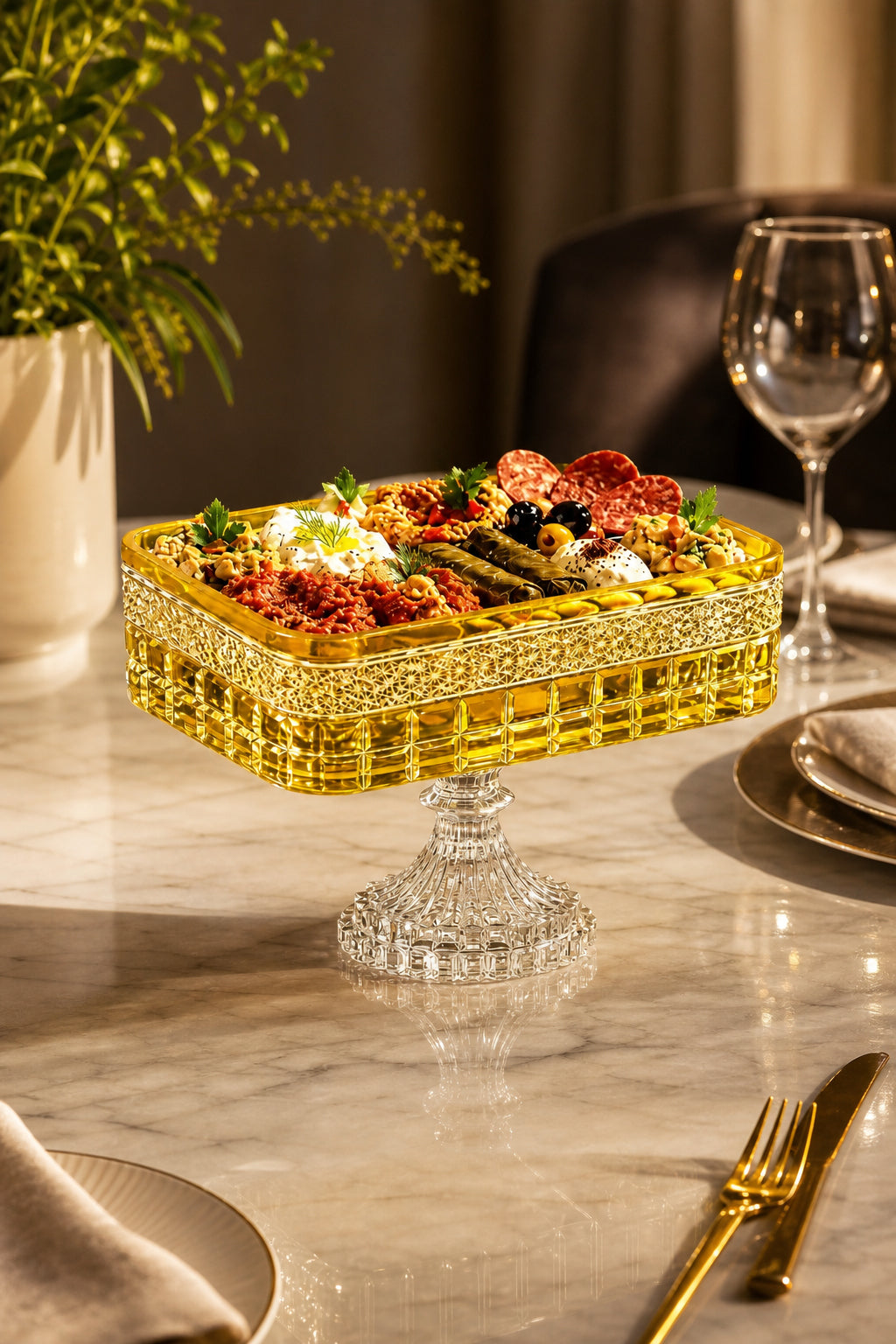 Kesme Kristal Baton Sunum Kasesi 12x24 cm - Cleopatra Desen Dekoratif Sofra Kasesi, 1 Adet